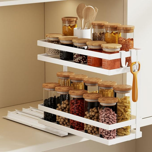 Magheo Pull Out Spice Rack Organizer for Cabinet, 1 Pack Metal Seasoning Organizer Slide Out Spice Storage Shelf No Assembly Vertical Spice Rack Pullout for Kitchen & Bahthroom No Drill(2 Tier,White) by MAGHEO