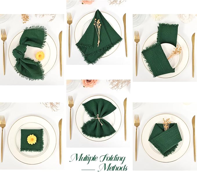 36 Pack Dark Green Cloth Napkins, 16 x 16 Inch Cotton with Fringe Settings | Handmade washable reusable cotton dinner napkins in bulk for weddings, parties, rustic boho table settings - Image 3