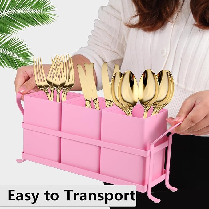 NelyBet Metal Silverware Caddy,3 Compartment Utensil Holder With Metal Rack,Utensil Caddy Flatware Cutlery Organizer for Countertop Party Picnic Camping Outdoor Pink - Image 5