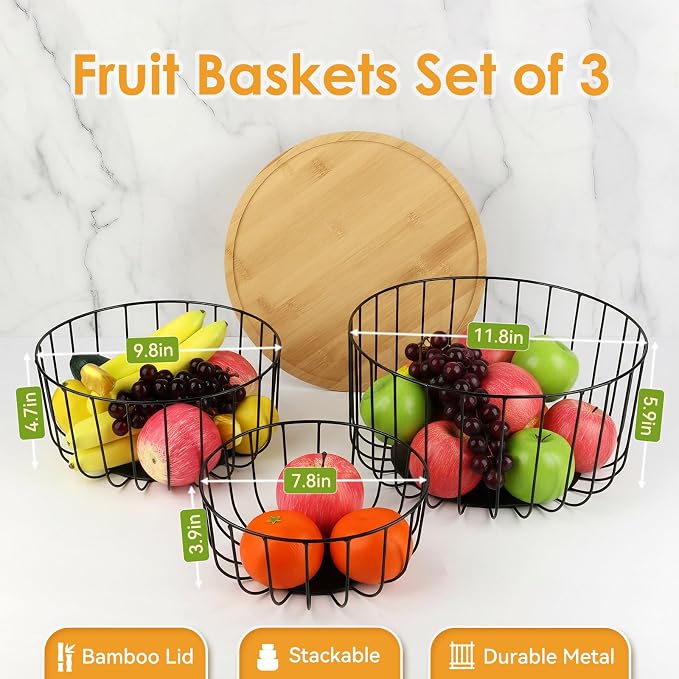 WELTOKE 3 Pack Fruit Basket For Kitchen Counter,Stackable Mesh Fruit Basket With Bamboo Lid,Large Fruit Bowl For Fruit And Vegetable Storage,Pantry Organizers - Image 2