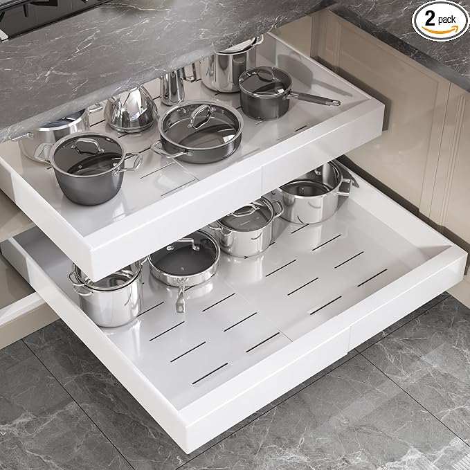 Seinloes 2 Pack Pull Out Cabinet Organizer 24" Deep,Full Extension 3 Slide Rails Slide Out Drawers With Raising Pad for Framed Cabinets,Expandable Width (15.4"-26.2"),No Drill Roll Out shelf,White by Seinloes
