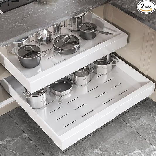 Seinloes 2 Pack Pull Out Cabinet Organizer 24" Deep,Full Extension 3 Slide Rails Slide Out Drawers With Raising Pad for Framed Cabinets,Expandable Width (15.4"-26.2"),No Drill Roll Out shelf,White by Seinloes