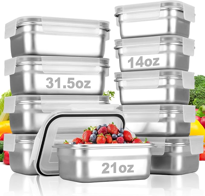 Cykorxicc 10 PC Square 304 Stainless Steel Food Containers with Lids, Airtight Bento Lunch Box, Metal Meal Prep Food Containers Reusable Stackable | Nestable Oven/Dishwsher/Freezer Safe by Cykorxicc