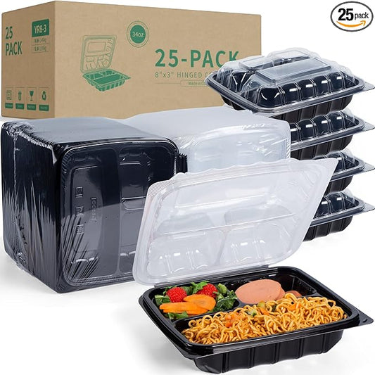 YANGRUI 25 Pack 34oz 8" 3-Compartment Togo Container Shrink-Wrapped No Wash | Ready to Use Anti-Fog Lid | Leakproof BPA-Free PP | Microwave & Freezer Safe for Cold Brew Salad, Hotel Catering & Meal Prep by YANGRUI