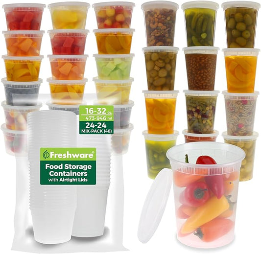 Freshware 48 Pack of 16 and 32 oz, 24 sets each size Food Storage Containers with Lids, Plastic Deli Containers, Meal Prep Containers, Microwave and Freezer Safe, Stackable, Leakproof, BPA Free, Clear by Freshware