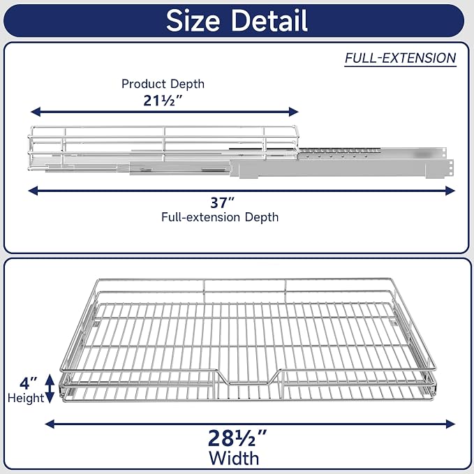 Pull Out Cabinet Organizer, 28.5" W x 21.5" D, Heavy Duty Chrome Slide Out Shelf for Wide Base Cabinets, Sliding Wire Basket Drawer for Pots, Pans, Appliances & Pantry Storage - Image 2