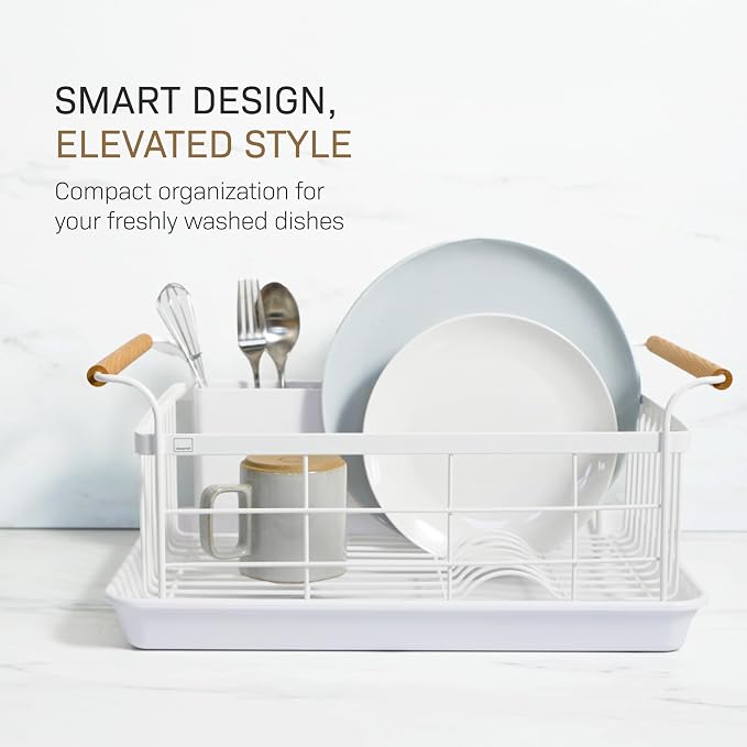 YAMAZAKI Home Dish Drying Rack – Modern White Dish Rack for Kitchen Counter with Removable Drying Tray and Cutlery Holder, Steel + Wood Dish Drying Organizer - Steel + Wood - | Modern dish drying rack organizer with steel and wood construction. Small s... - Image 2