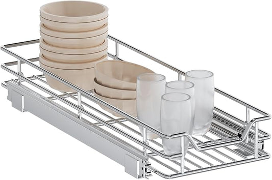 Pull Out Cabinet Organizer, 9" W x 21.5" D, Heavy Duty Chrome Slide Out Shelf for Narrow Base Cabinets, Sliding Wire Basket Drawer for Spices, Bottles, Snacks & Cleaning Supplies by Unknown
