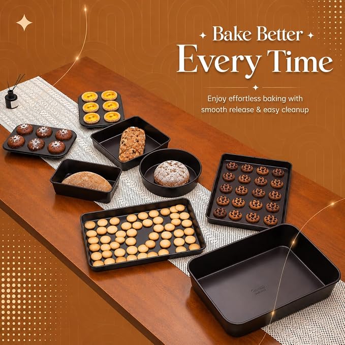 Nonstick Bakeware Set 8 Piece - Stackable Baking Pan Set, Oven safe 450°F, Carbon Steel Baking Set with Muffin, Loaf, Cookie Sheets & Roaster, Easy Storage, BPA-Free (Dark Brown) - Image 4