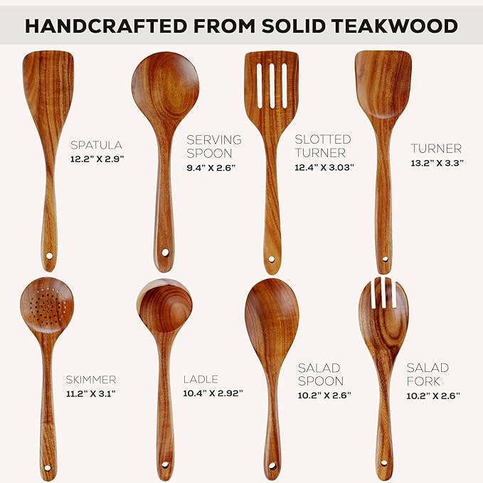 Zulay Kitchen Premium 8-Piece Wooden Spoons - Smooth Finish, Natural Teak Wood, Non-Stick, Handmade - Image 3