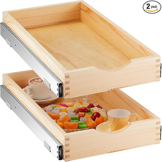 2 Set Wooden Pull out Cabinet Organizer Fully Assembled Slide out Pantry Drawer with Gentle Close Storage Shelf Tray for Base Kitchen Under Sink Bathroom Accessory(Wood Color,12'' X 21'' X 3") by Menkxi
