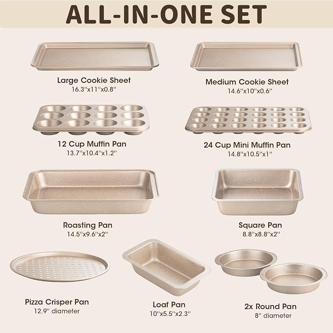 Terlulu 10-Piece Baking Pans Set, Bakeware Sets Nonstick, Baking Set for Oven Cooking, Stackable Carbon Steel Pans Include Cookie Sheets, Muffin Pan, Cake Pan, Pizza Pan, Loaf Pan, Roasting Pan, Gold - Image 3