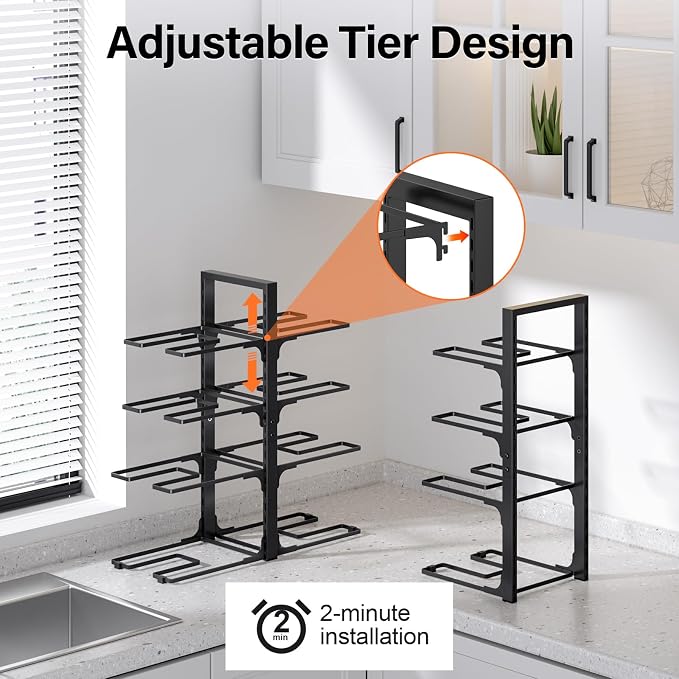 MUDEELA 8-Tier Heavy-duty pan organizers inside cabinet, 20.8" H Black | Adjustable 20.8" Height, Heavy-duty pot rack, Holds big stockpots, cookware & skillets, Fits countertops, Kitchen storage - Image 5
