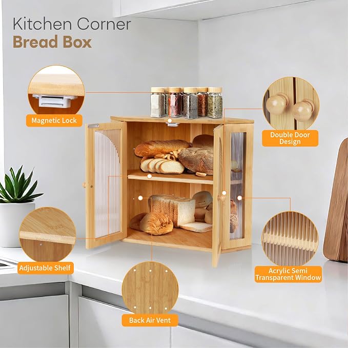 Corner Bread Box for Kitchen Countertop,Double Layer Bread Holder | 3 Adjustable Height, Large Capacity, Magnetic Acrylic Door, Bamboo Bread Storage Container for Homemade Bread, Natural - Image 5