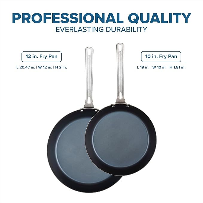 Viking Blue Carbon Steel Frying Pans, Kitchen Cookware Set, 10 and 12 Inch, Black - Image 4