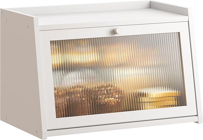 GHWIE Large Bread Box, Easy Access & Cleaning - Bamboo Bread Box for Kitchen Countertop with Acrylic Door (White, Medium) by GHWIE
