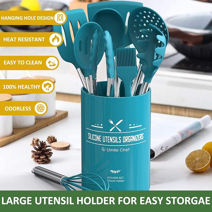 15 Pcs Silicone Cooking Utensils Kitchen Utensil Set - Umite Chef 446°F Heat Resistant Stainless Steel Handles Kitchen Gadgets Tools Set for Nonstick Cookware(Blue) - Image 7