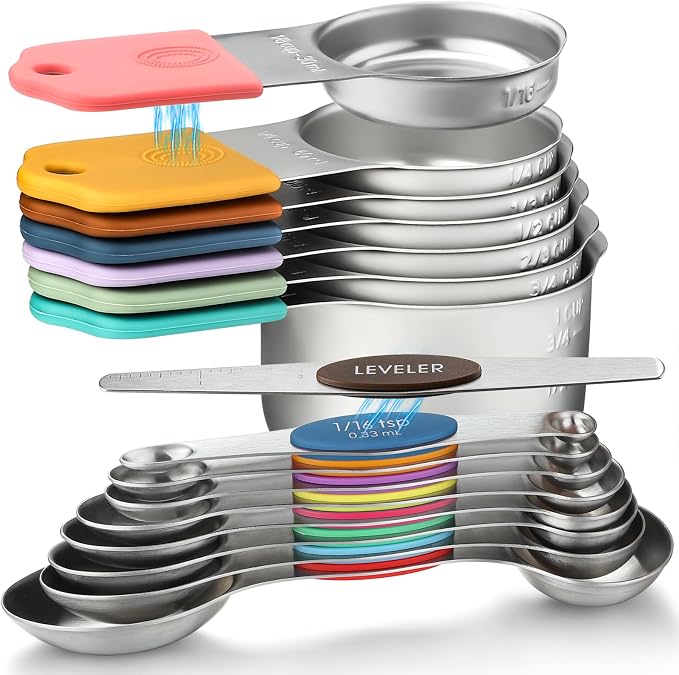 Magnetic Measuring Cups and Magnetic Measuring Spoons Set Stainless Steel | Including 7 Stackable Measuring Cup 8 Dual Sided Measuring Spoon with Leveler for Measuring Dry Liquid Ingredient by YAMOLIN