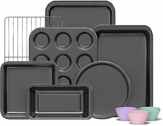 KITESSENSU Compact Baking Pans Sets, Nonstick Bakeware Sets 19-Piece with Round/Square Cake Pan, Loaf Pan, Muffin Pan, Cookie Sheet, Roast Pan, Cooling Rack, Carbon Steel Bake Set by KITESSENSU