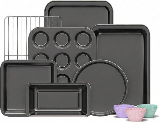 KITESSENSU Compact Baking Pans Sets, Nonstick Bakeware Sets 19-Piece with Round/Square Cake Pan, Loaf Pan, Muffin Pan, Cookie Sheet, Roast Pan, Cooling Rack, Carbon Steel Bake Set by KITESSENSU