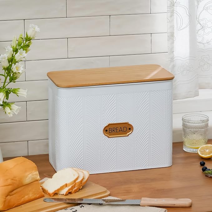 Extra Large Diagonal Stripe Embossed Bread Box with Bamboo Lid | Corner Breadbox for Homemade Bread, White Metal Bread Storage Container Bin for Kitchen Countertop, Fits 2 Loaves of Bread - Image 3