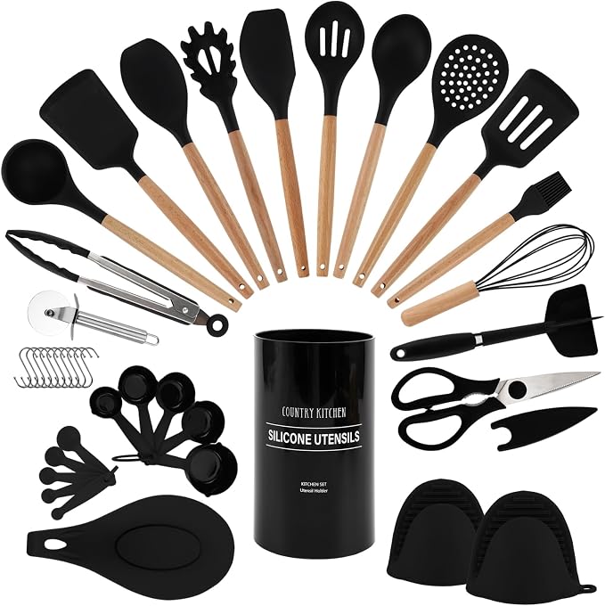 Country Kitchen Non Stick Silicone Utensil Set with Rounded Wood Handles for Cooking and Baking, 38 Piece Set, Black by CountryKitchen