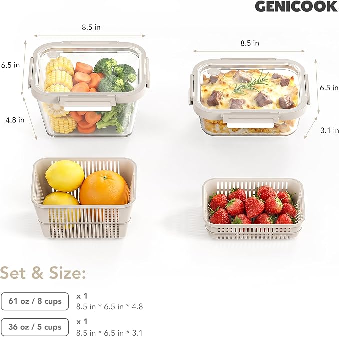 Glass Fruit Storage Containers for Fridge, 2 Pack Produce Containers with Removable Colanders & Vent Glass Lids, Airtight Fruit & Vegetable Storage, BPA Free Borosilicate Glass - Image 4