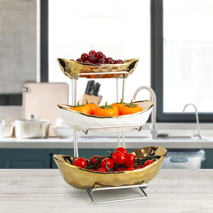 Ceramic Fruit Bowl for Kitchen Counter, 3 Tier Ceramic Serving Bowls with Metal Stand, Fruit Basket Stand Fruit Serving Tray Set for Vegetable Storage, Candy Snack Dessert Cake (Gold) - Image 3