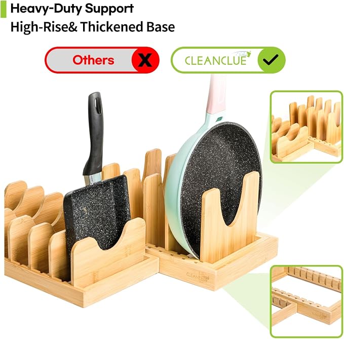 Pots and Pans Organizer under Cabinet, Bamboo Expandable Bakeware and Cutting Board Organizers, Adjustable Pot Lids Holder Rack, Cookie Sheet Baking Pan, Tray Organizer for Kitchen Storage (Natural) - Image 7