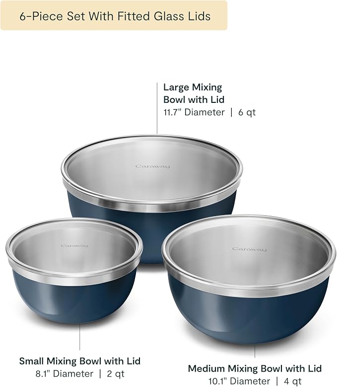 Caraway 6-Piece Stainless Steel Mixing Bowl Set with Glass Lids | 6 qt, 4 qt, 2 qt Kitchen Bowls with Tempered Glass Lids, Non-Toxic, PFAS-Free, Navy - Image 2