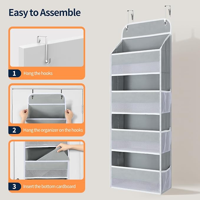 Yecaye Over The Door Organizer, Heavy Duty Hanging Organizers and Storage with 4 Large Capacity Pockets, Swing-Proof Behind The Door Storage for Bathroom Nursery Bedroom Dorm Closet, Grey,1Pc - Image 9