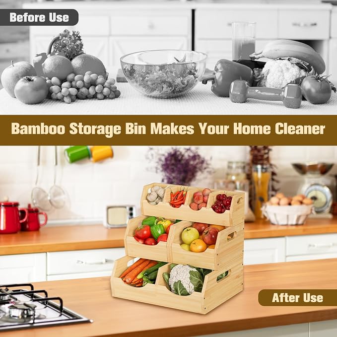 Upgraded 3-Tier Bamboo Pantry Storage Bins, Ventilated Stackable Potato & Onion Organizer w/ Spice Tray & 3 Veggies Baskets for Kitchen, Pantry, Bathroom & Living Room - Image 8