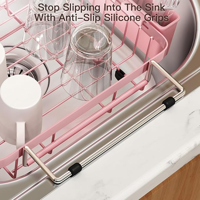 Pink Dish Drying Rack Over The Sink with Utensil Holder | Expandable Stainless Steel Dish Drainer for Small Kitchen, Apartment, RV, Counter Space Saving, Perfect Fit, Rustproof - Image 6
