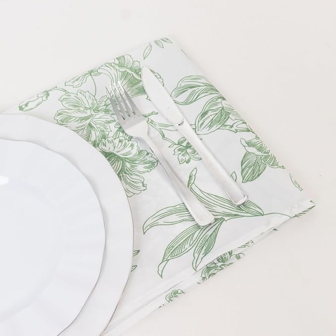 Efavormart Premium 5 Pack Polyester Dinner Napkins 20"x20" White with Dusty Sage Green French Toile Pattern - Chic Floral Cloth Napkins by efavormart