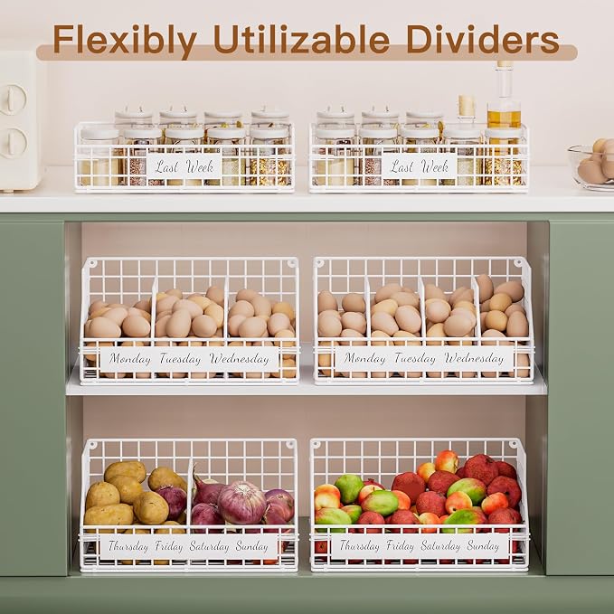 Egg Basket, Stackable Wall Mount Egg Holder Countertop with Weekday Labels | Rustproof carbon steel basket with adjustable dividers, ideal for backyard poultry, small kitchen & pantry storage, 1T White - Image 4