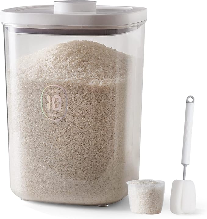 20-25 lbs Rice Dispenser,10.5 Qt/10 L/22-25 lbs Rice Container Storage with Measuring Cup & Brush Food Cereal Container Bins Household for Kitchen Pantry Organization (AY-10KG-WHITE) | 10.5 Qt/10 L/22-25 lbs, Food Container Storage Cereal Bins Househol... by LivLab