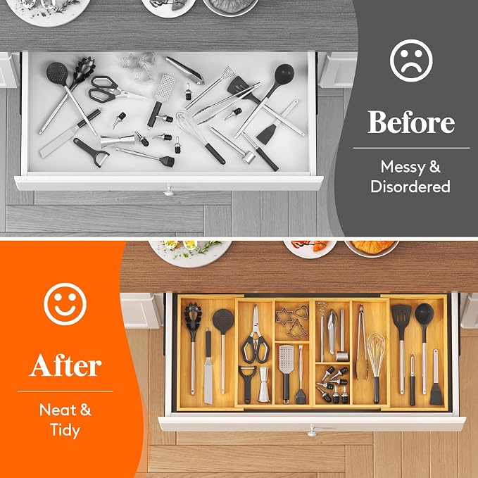 Lifewit Expandable Utensil Organizer for Kitchen Drawer, Cutlery Holder | Adjustable Cooking Silverware Tray, Bamboo Flatware Spatula Tools Gadgets Storage Divider, 21-36 x 16", Natural - Image 8