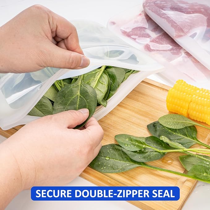 100% Silicone Flat Gallon Freezer Bags, 4 Pack Extra Large Reusable Silicone Ziplock Bags Gallon Size for Freezer, Double Zipper Seal, BPA & Microplastic Free, Freezer Microwave Sous Vide Safe, Clear - Image 4