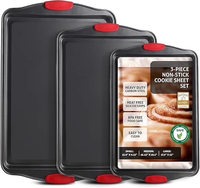 Baking Sheet Set, 3-Piece Cookie Sheet Set with Silicone Handles, Steel Baking Pan, Durable Baking Sheets for Oven, BPA Free Cookie Sheets for Baking Nonstick Set, Premium Sheet Pan, Black Baking Tray by JOYTABLE