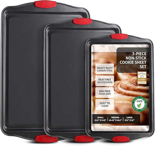 Baking Sheet Set, 3-Piece Cookie Sheet Set with Silicone Handles, Steel Baking Pan, Durable Baking Sheets for Oven, BPA Free Cookie Sheets for Baking Nonstick Set, Premium Sheet Pan, Black Baking Tray by JOYTABLE