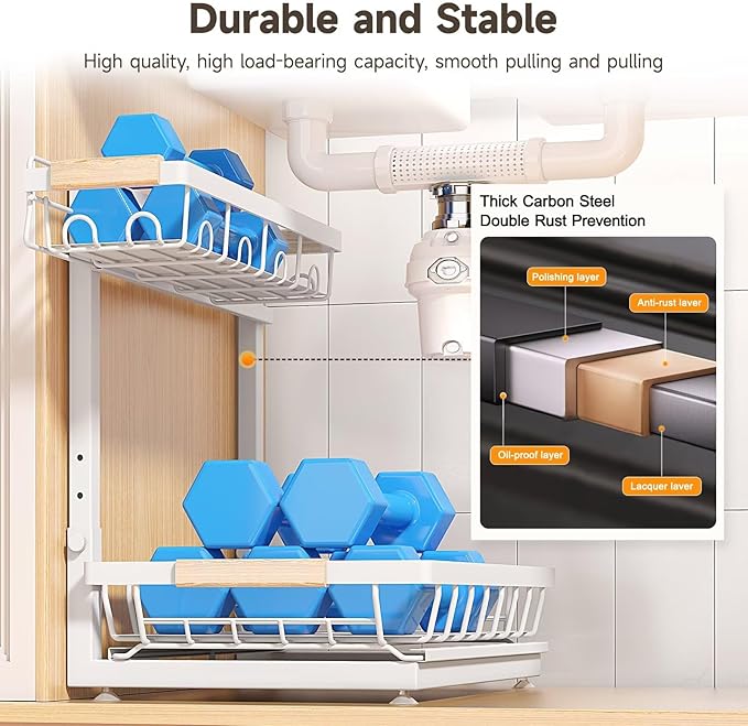 2-Pack 2-Tier Height Adjustable Under Sink Organizer & Storage | Multi-purpose storage for kitchen & bathroom cabinet. Extra Large white shelf, height adjustable design for space-saving. - Image 5