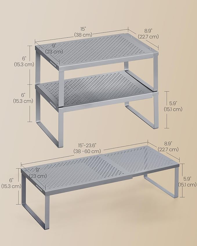 SONGMICS Spice Racks Expandable Kitchen Countertop Shelves, Metal | Set of 2 small cupboard organizers, space-saving tabletop shelves, Silver, UKCS402FG01 - Image 6