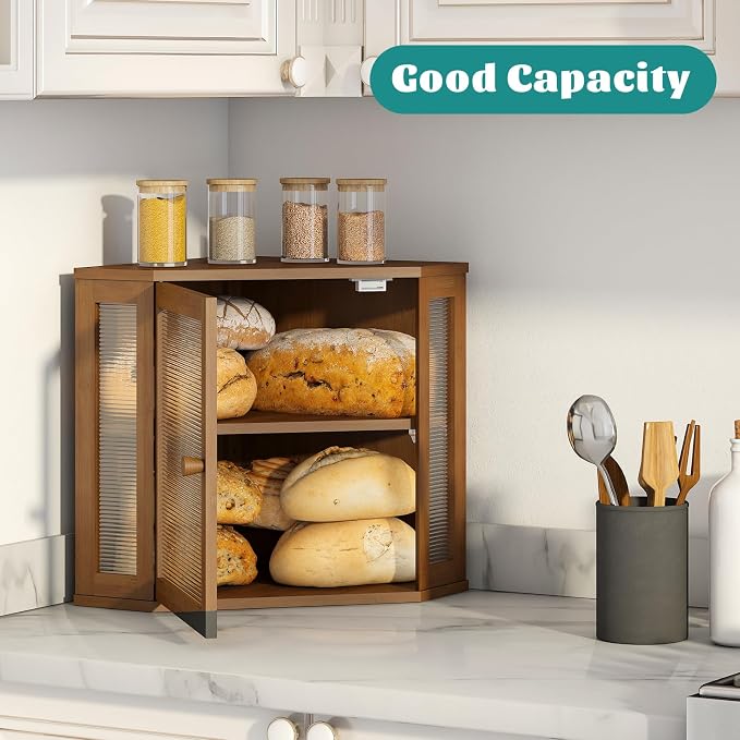 Corner Bread Box, Bamboo Bread Box for Kitchen Countertop, 2 Tier Wooden Bread Storage, Brown - Image 2