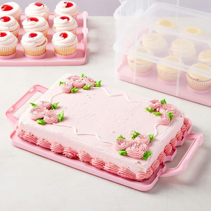 Juvale 3-Tier Cupcake Carrier - Airtight Plastic Container for Baking - Stackable Cupcake Containers & Removable Trays - Portable Cake Transport Holder - Holds 36, Pink, 13.5"x10.25"x10.75" - Image 2