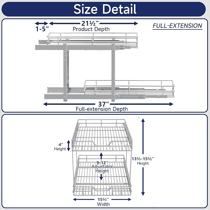 2-Tier Pull Out Cabinet Organizer, 15.5" W x 21.5" D, Heavy Duty Dual Slide Out Shelves for Base Cabinets, Chrome Wire Basket Drawer for Pantry, Kitchen & Bathroom Storage - Image 2