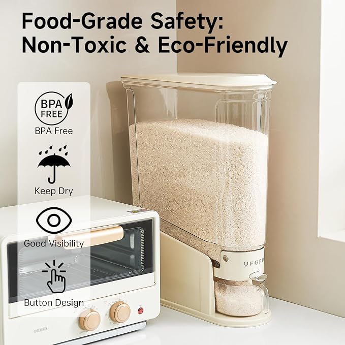 UFORU Slim Rice Dispenser 11 LB,Clear Rice Storage for Small Spaces | White,BPA-Free Sealed Design for Rice, Grain and Cereal,Rice Container Fits Narrow Pantry Shelves and Countertops - Image 2