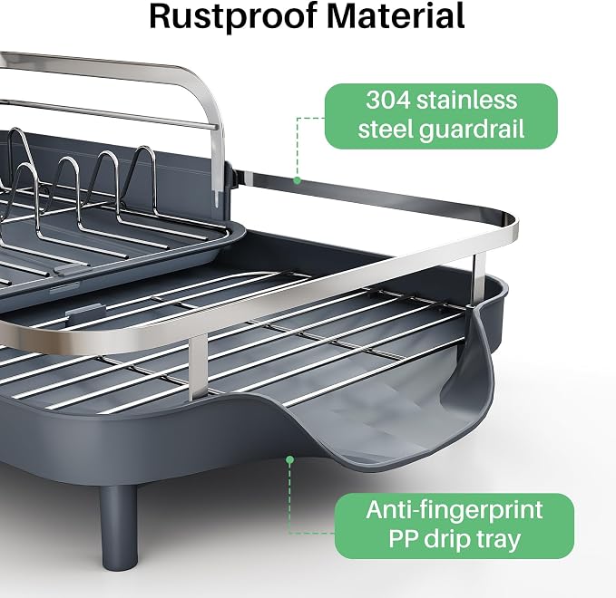 SAYZH Expandable Dish Drying Rack for Small Kitchen Counter, Grey | Stainless Steel, Protective Guardrail, Angled Drainboard, Fits High-Rim Sinks, Removable Utensil Holder - Image 3