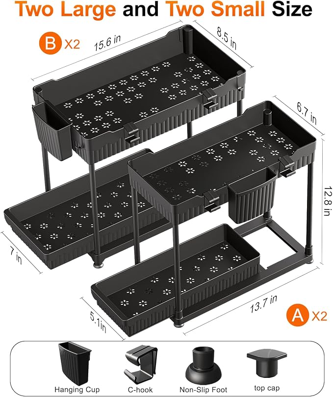 4-Pack 2-Tier Under Sink Organizer with Pull Out Drawers | Multi-use kitchen & bathroom storage. Includes hanging hooks and cups. Black, space-saving cabinet design. - Image 6