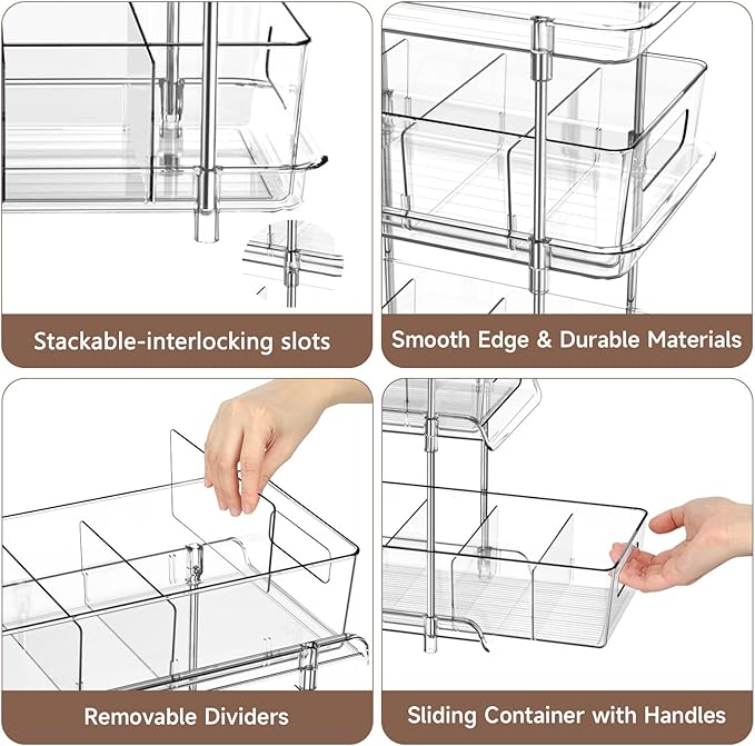2Set 3 Tier Clear Bathroom Organizer with Dividers, Pull-Out Pantry Organization and Storage, Multi-Purpose Under Sink Organizers and Storage, Vanity Skincare Cosmetic Closet Organizer Medicine Bins - Image 2