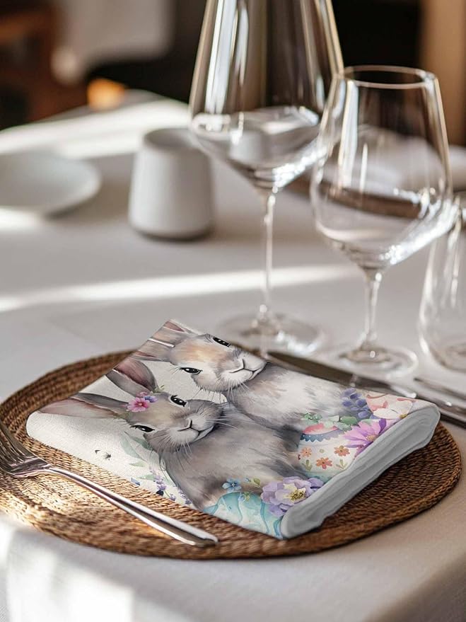 Dinner Cloth Napkins Set of 8, Spring Easter Washable Cocktail Cloth Napkins 20 x 20 Inch, Rustic Bunny Eggs Eucalyptus Leaves Botanical Reusable Table Napkins for Wedding Holiday Party - Image 2